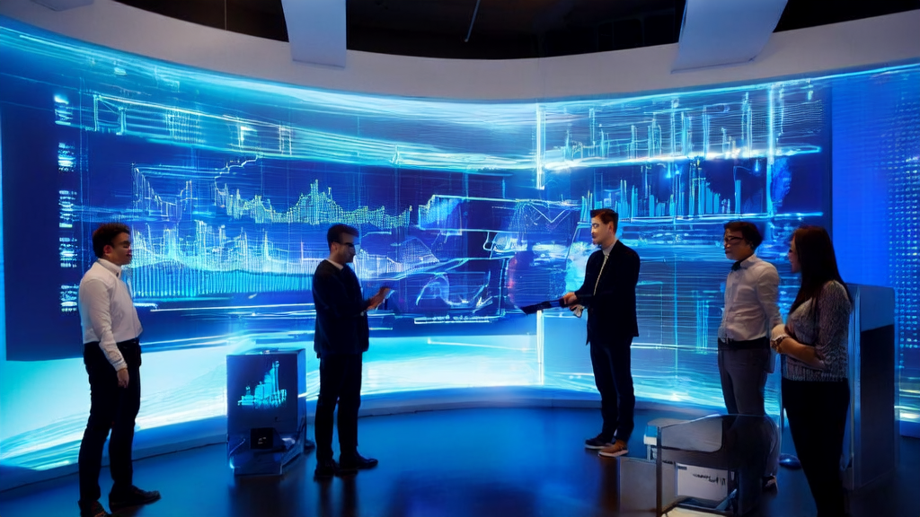Marketing experts in a futuristic office discussing AI-based high-conversion email strategies, with an H100 accelerator-powered supercomputer nearby.