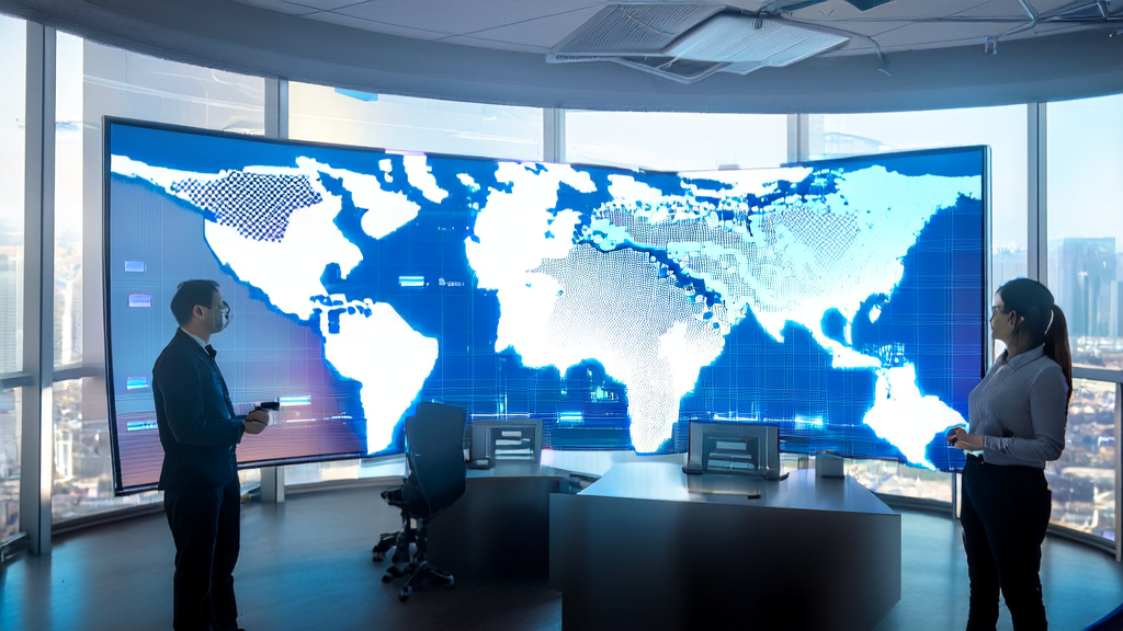 Modern office scene where data analysts use AI prediction models to screen premium clients