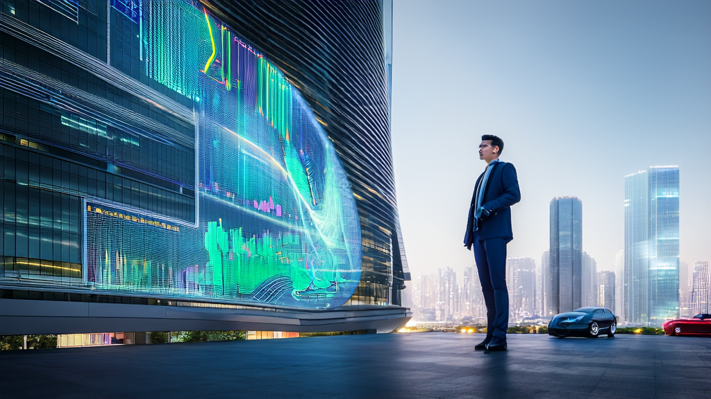 In front of a modern office building in a futuristic city, an entrepreneur discusses AI marketing data with intelligent robot assistants, set against a backdrop of a bustling urban night scene.
