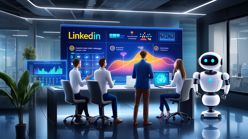 一群年轻的专业人士在现代化办公室中讨论AI营销策略以优化LinkedIn客户获取