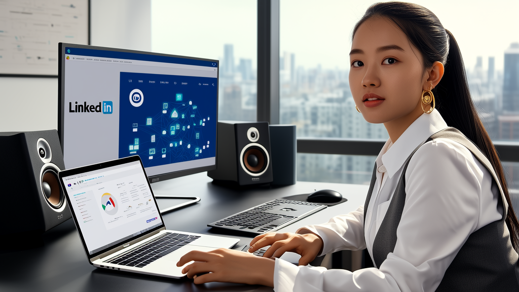 营销专家在现代化办公室中研究AI与LinkedIn优化策略