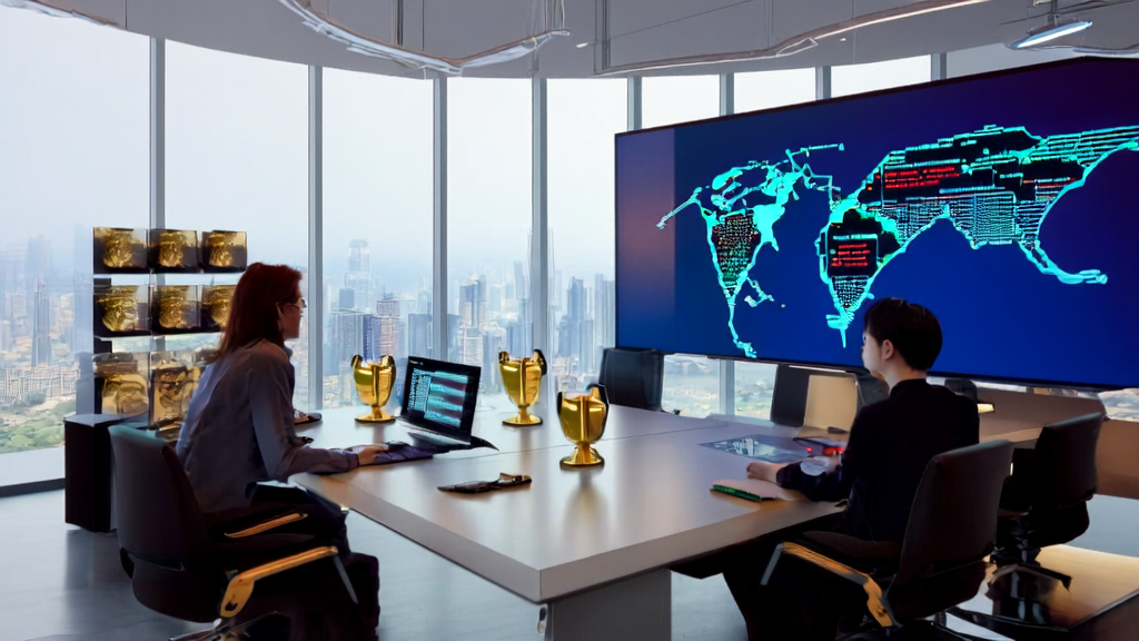 A group of entrepreneurs using AI tools for marketing strategy analysis in a modern office