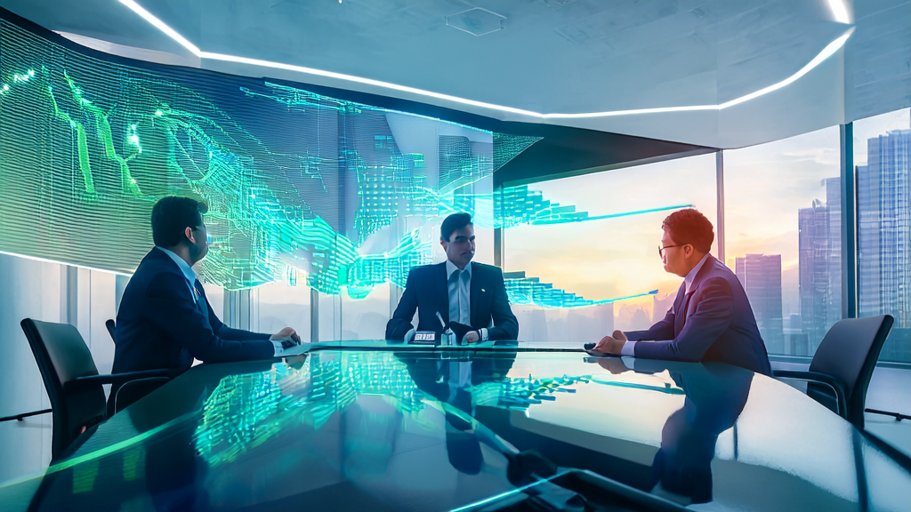 A team in a conference room is having an in-depth discussion around an AI predictive model, with a tech-infused city skyline in the background
