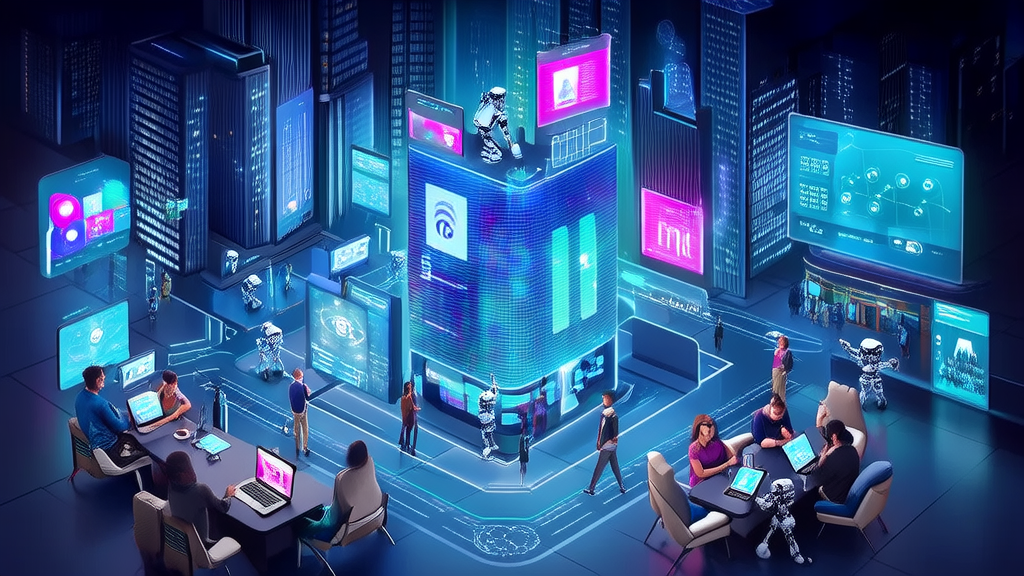 A futuristic city scene featuring AI marketing: MaaS display, robots, and entrepreneurs discussing LinkedIn customer targeting