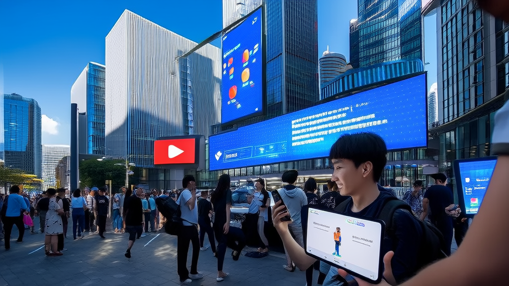 In front of a high-tech company building in the city center, people are using smart devices to experience AI marketing and Google Maps customer acquisition technology, with a user nearby trying out YouTube's AI-generated video highlights feature.
