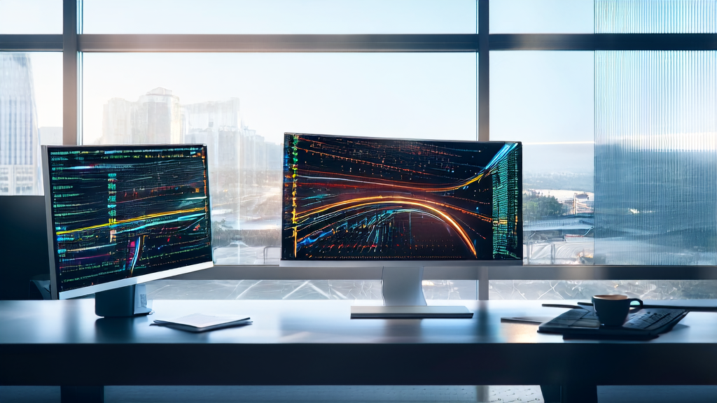 现代化办公室内的AI营销工作场景，展示先进技术和繁忙的城市背景