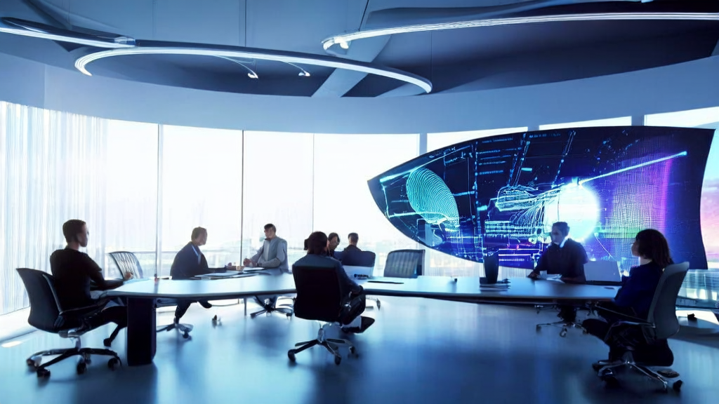 A modern office scene showcasing the application of Apple's FastVLM model and Quora client collection technology