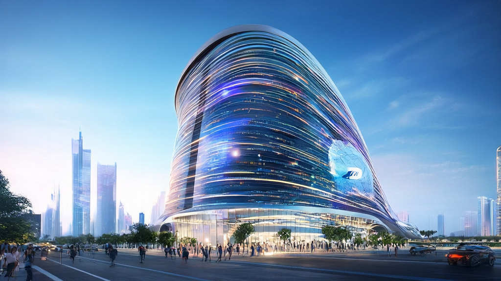 AI marketing lab in a futuristic city, showcasing the latest customer acquisition data and technology
