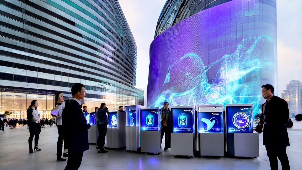 现代化城市中的顾客通过智能终端与蚂蚁百宝箱智能体企业版互动，展示AI驱动的服务业数智化转型。