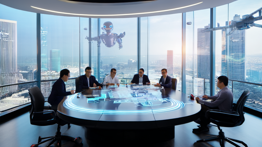 Marketing experts in a high-tech meeting room discussing AI-driven acquisition pathways with holographic projections and AI assistant robots.