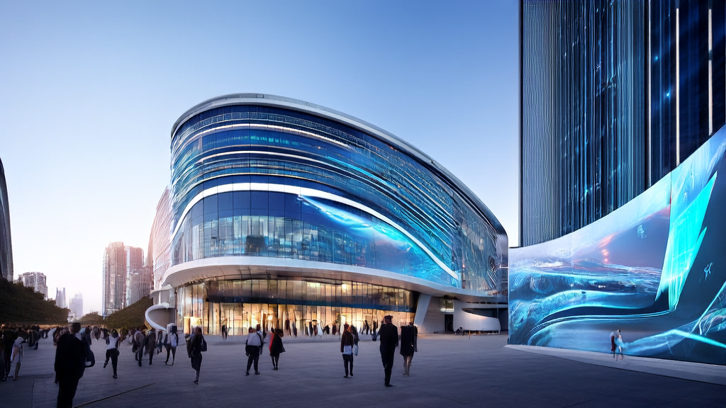 未来城市的智能办公楼展示AI生成视频和个性化广告内容