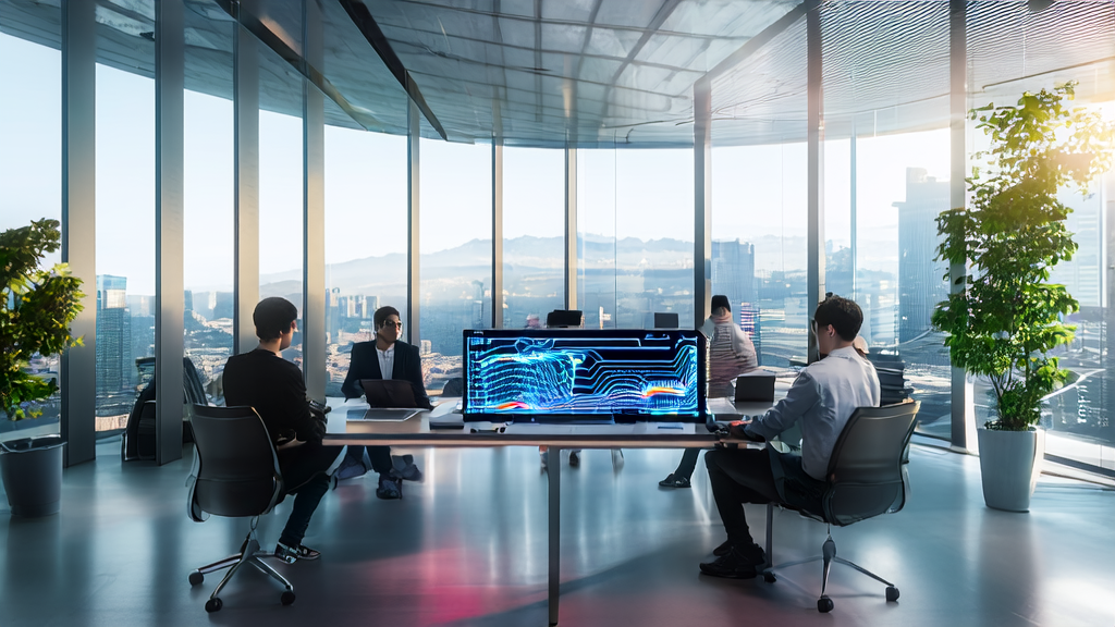 市场营销团队使用便携式AI设备分析邮件营销数据，窗外阳光明媚，象征AI营销的新纪元。