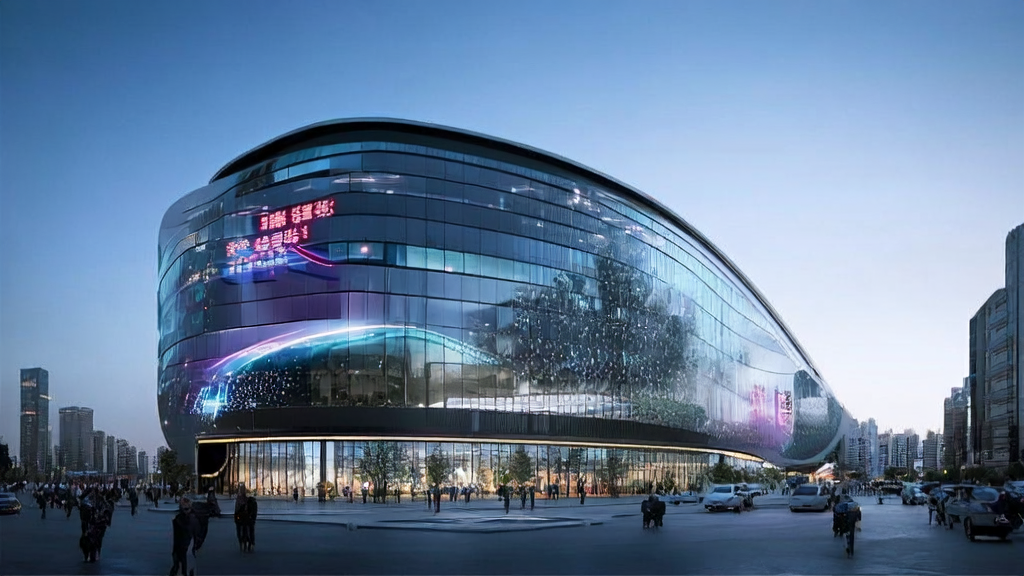 未来城市中的高科技大厦展示AI营销和英伟达市值突破4万亿美元的场景