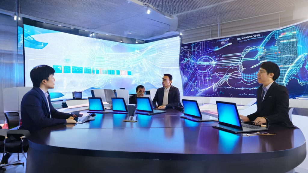 A modern office scene showcasing the new era of AI marketing, highlighting the endless possibilities brought by technological advancements