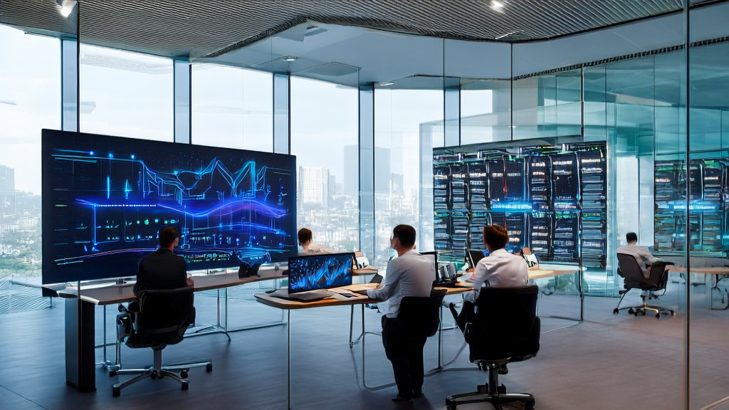 Modern office where employees use AI marketing tools to analyze customer data, showcasing the application of AI technology in marketing