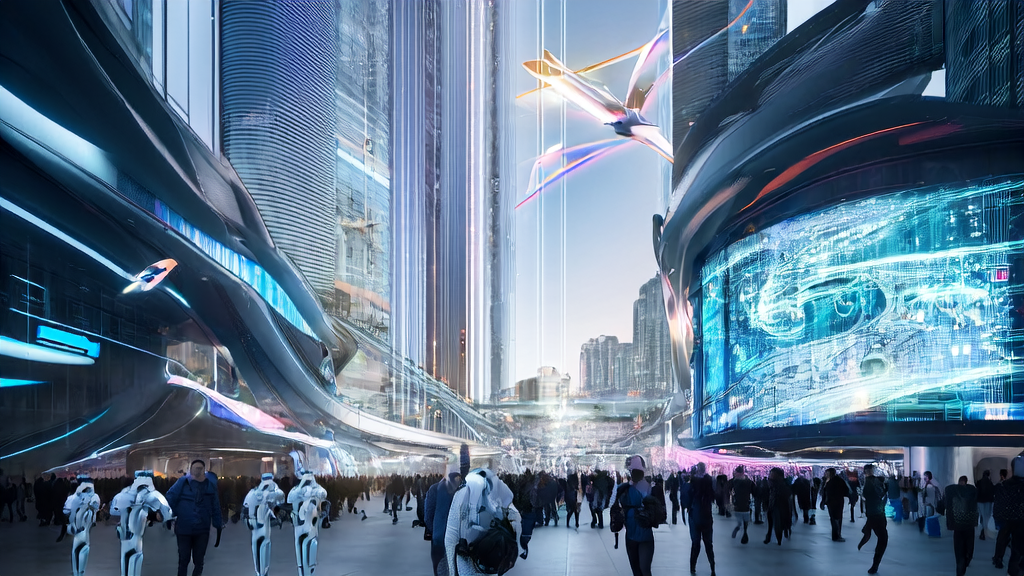 A futuristic city scene showcasing AI marketing: smart shopping carts, personalized product recommendations, and drone deliveries