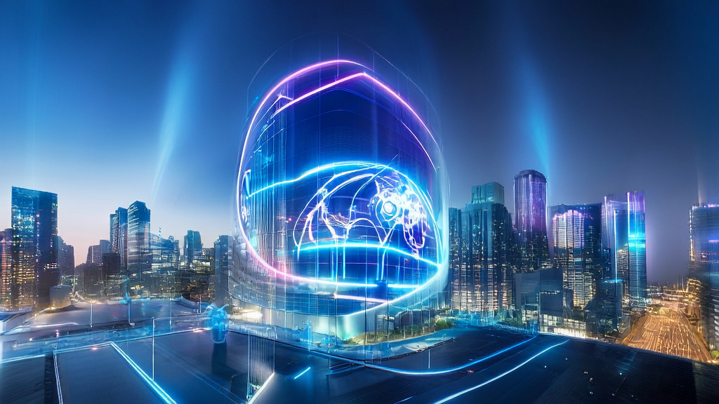 In a modern office building in a futuristic city, employees are using AI entities for cross-border e-commerce automation marketing