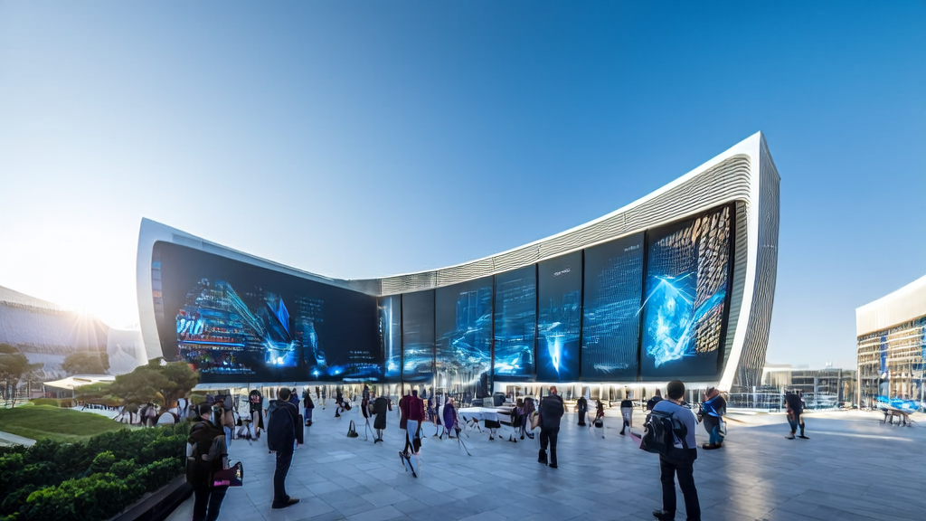 阳光下的科技园区，开发人员和设计师围绕DeepSeek R1-0528模型展示屏热烈讨论，展示AI营销的新纪元。