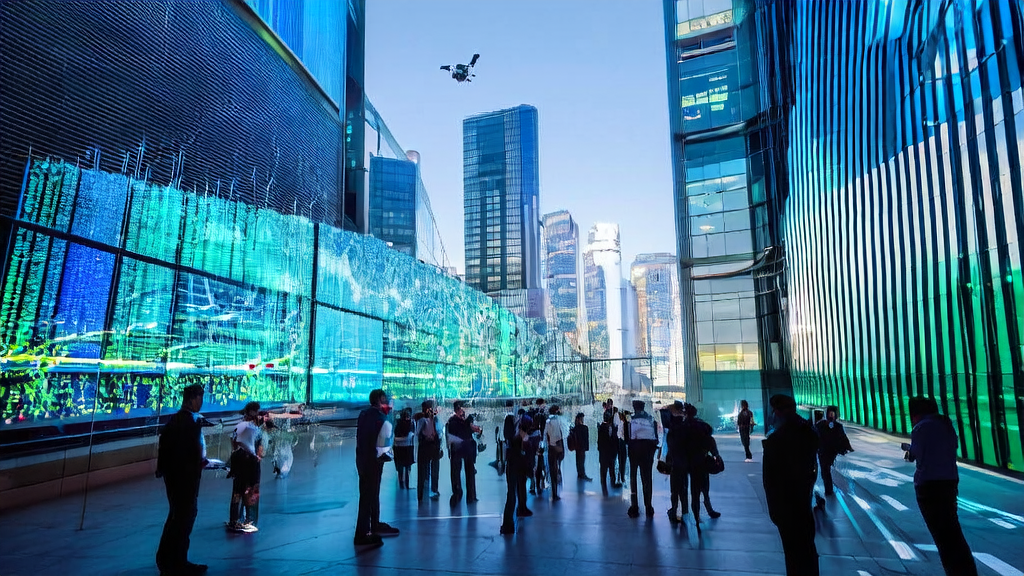 A modern office building in a futuristic city where technicians use AI technology to achieve efficient customer acquisition