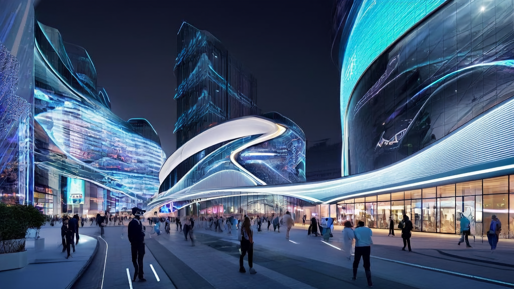 A futuristic city scene showcasing AI technology enhancing eCommerce sales