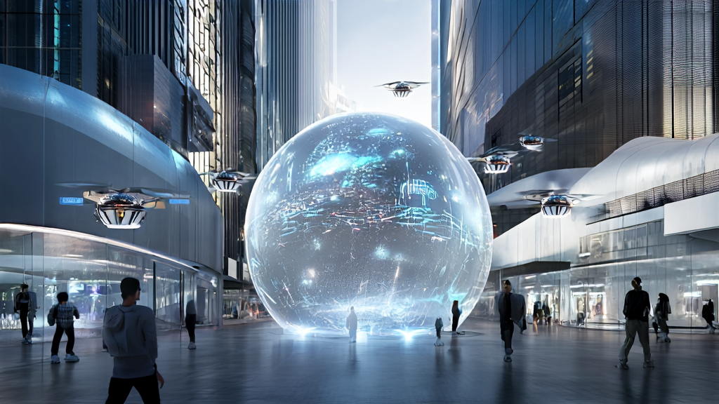 A futuristic city showcasing the application of AI technology in marketing, including smart robots, personalized product recommendations, and drone services.