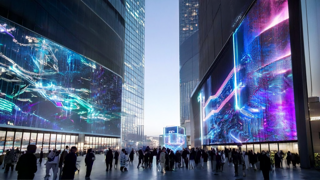 AI marketing hub in a futuristic city showcasing GPT-Realtime image input and multimodal voice interaction