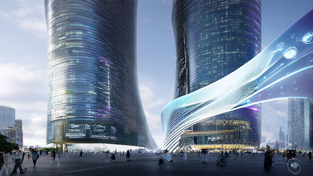 A futuristic city skyline showcasing the performance and cost comparison between Grok4 and GPT-5, with pedestrians receiving personalized marketing messages