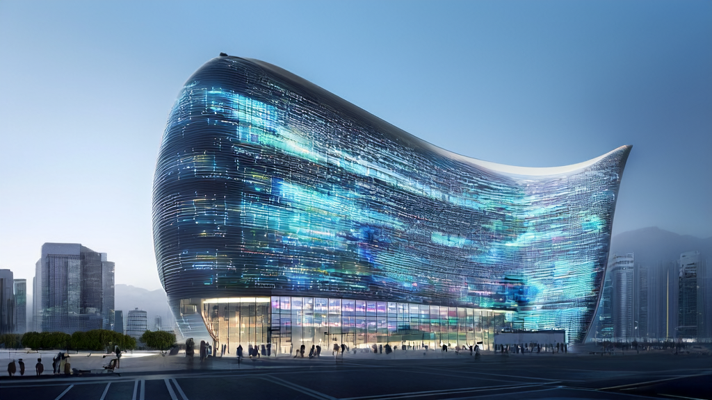 未来城市的高科技大厦，展示AI+营销技术的应用，包括智能屏幕、AI助手和Quora客户采集工具。