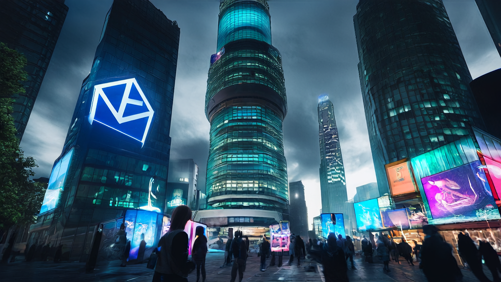 A futuristic city at night with skyscrapers displaying Microsoft Bing AI-generated video ads, showcasing the new era of AI marketing.