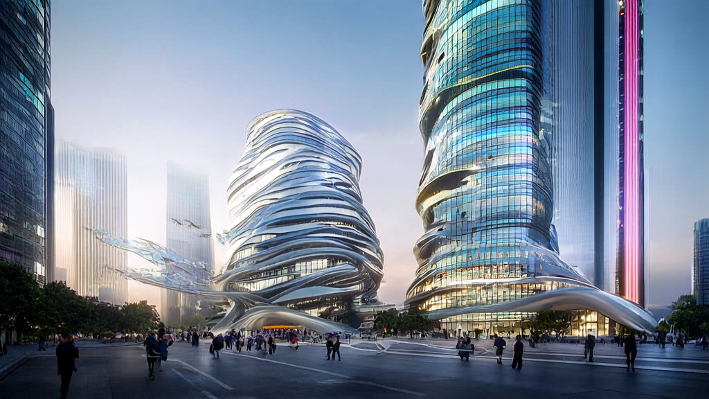 In a futuristic city, the Nvidia landmark and drones showcase the application of AI technology in marketing.