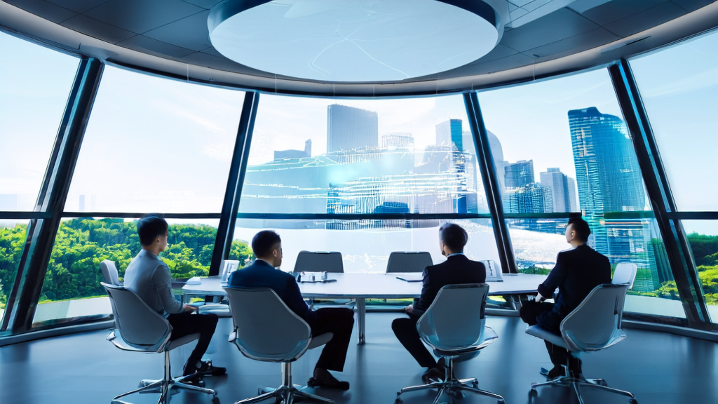 In a modern office in a futuristic city, marketing experts use AI prediction models to screen for high-value customers