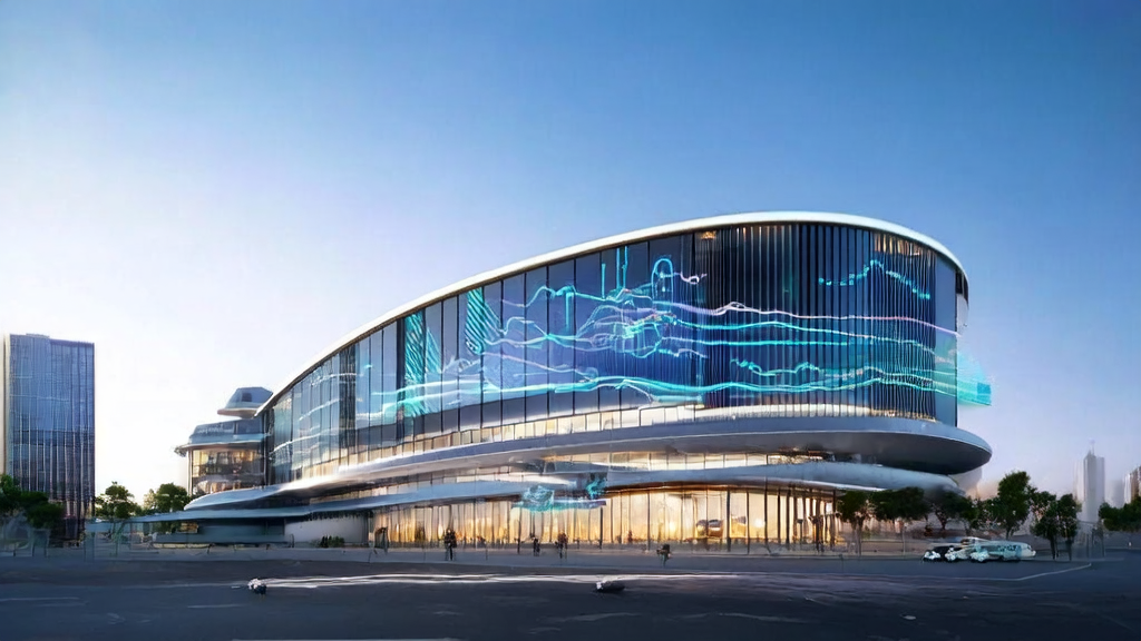 In front of a high-tech office building in a futuristic city, an AI-driven customer acquisition solution is displayed on a large electronic screen, with intelligent robots moving about to facilitate efficient connections between businesses and customers.