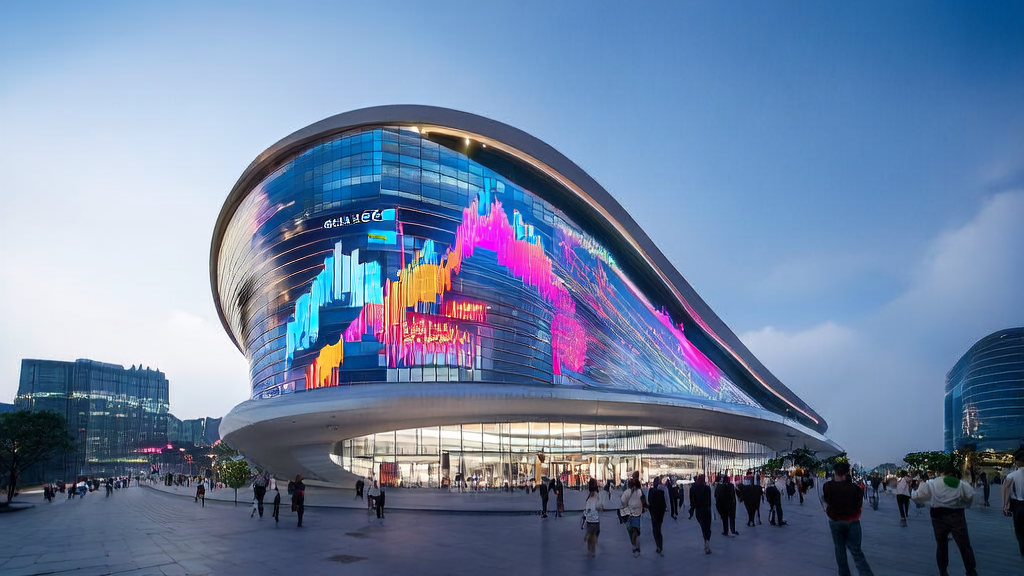 In a futuristic tech city, a modern office building displays the newly launched open-source model “dots.llm1“ by Xiaohongshu, drawing a crowd's attention.