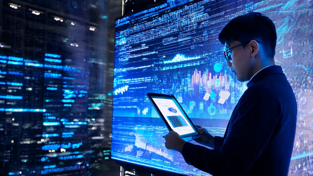 未来城市中的AI营销控制中心，工程师使用ThinkSound模型优化邮件营销策略