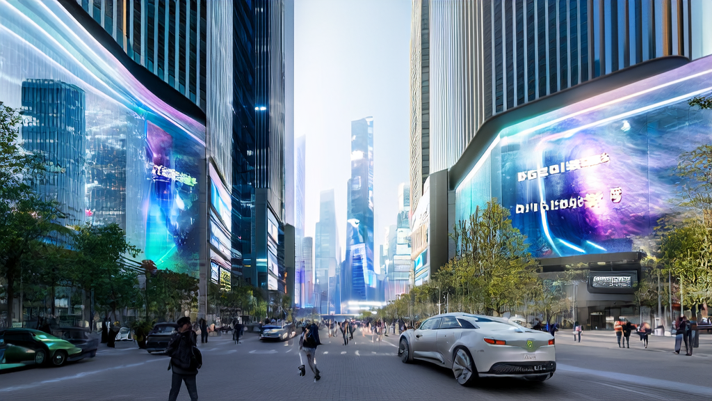 In a futuristic city, a 3D virtual customer service interacts with customers, showcasing the latest AI technology applications