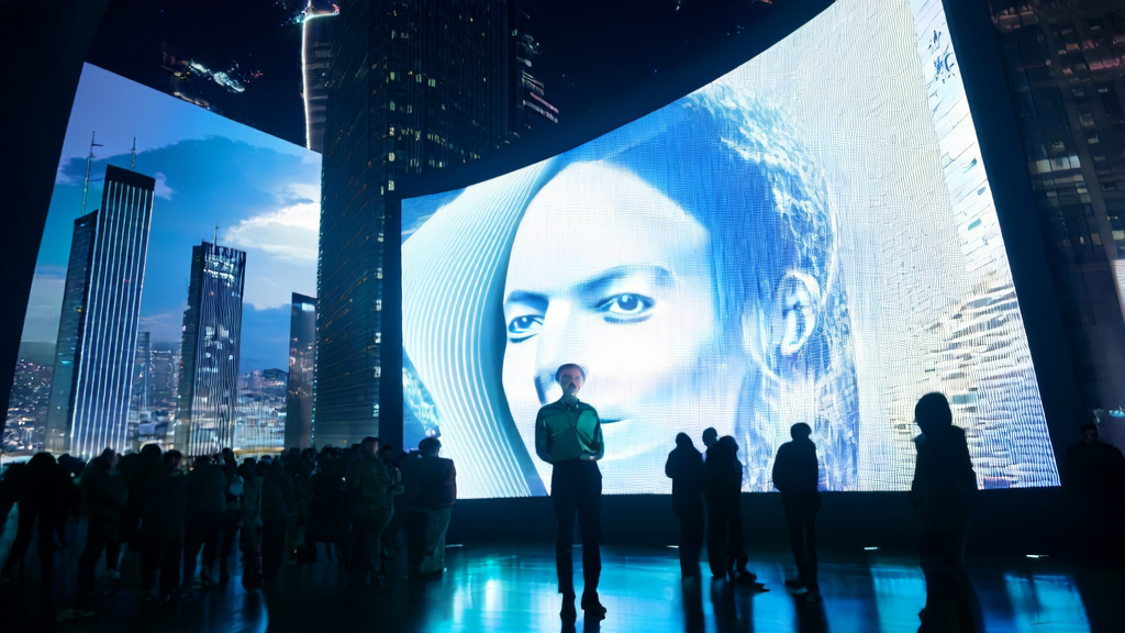 A young entrepreneur in a futuristic city is watching a demonstration of Baidu's new digital human technology NOVA, which interacts with the audience, showcasing AI-driven customer acquisition solutions.