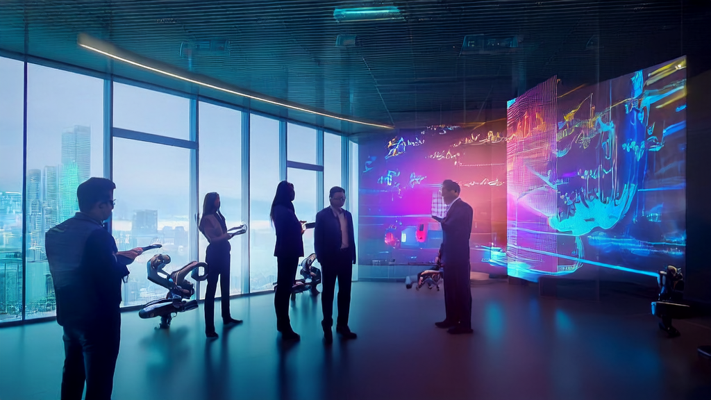 Modern office where employees use AI technology for marketing creative production and data analysis