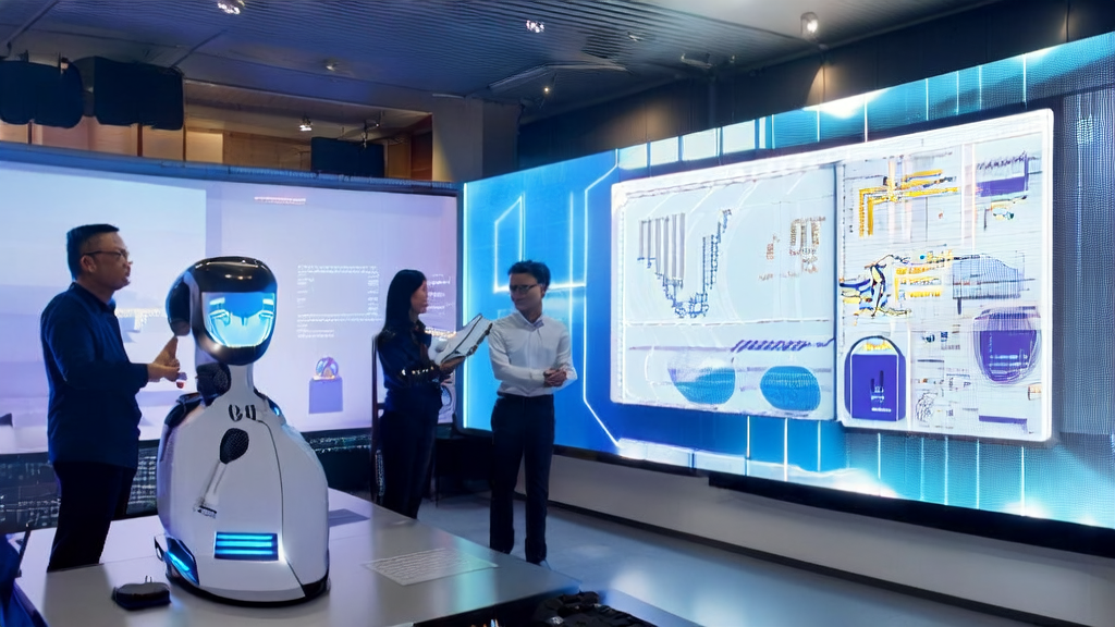 Modern office scene with employees discussing AI marketing strategies, showcasing the workflow of Google Gemini API