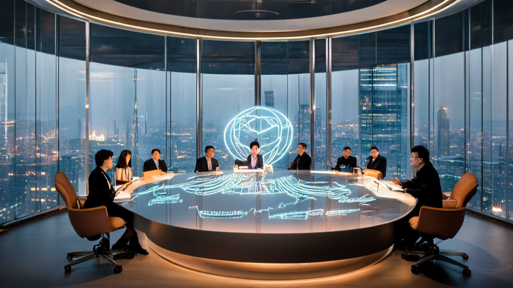 Marketing experts are having an in-depth discussion about AI technology and SEO strategies in a futuristic office