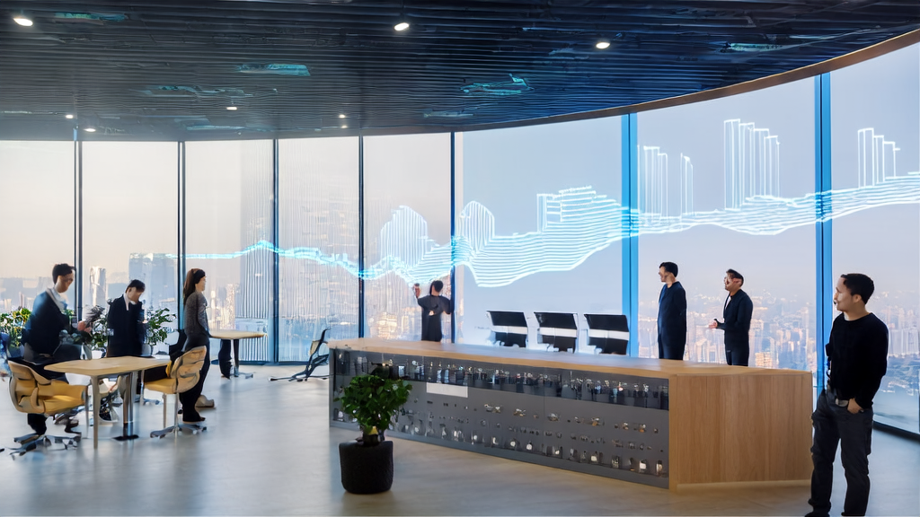Office workers are discussing AI marketing strategies with complex data analysis displayed on the screen and an intelligent cloud server nearby.