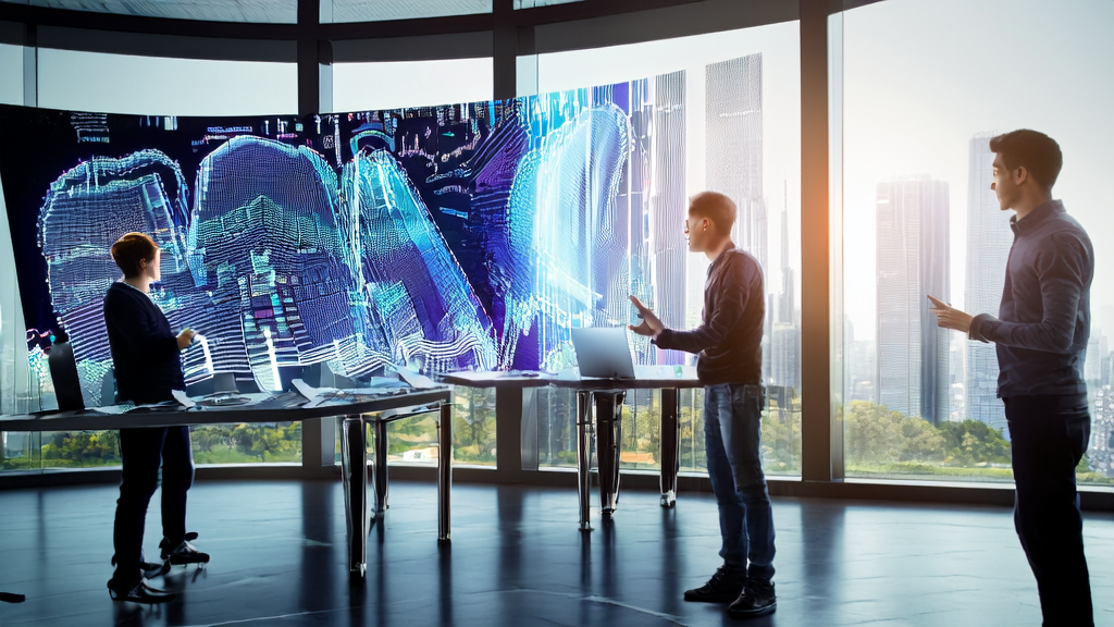 Young programmers discussing AI prediction models and customer data in a futuristic office