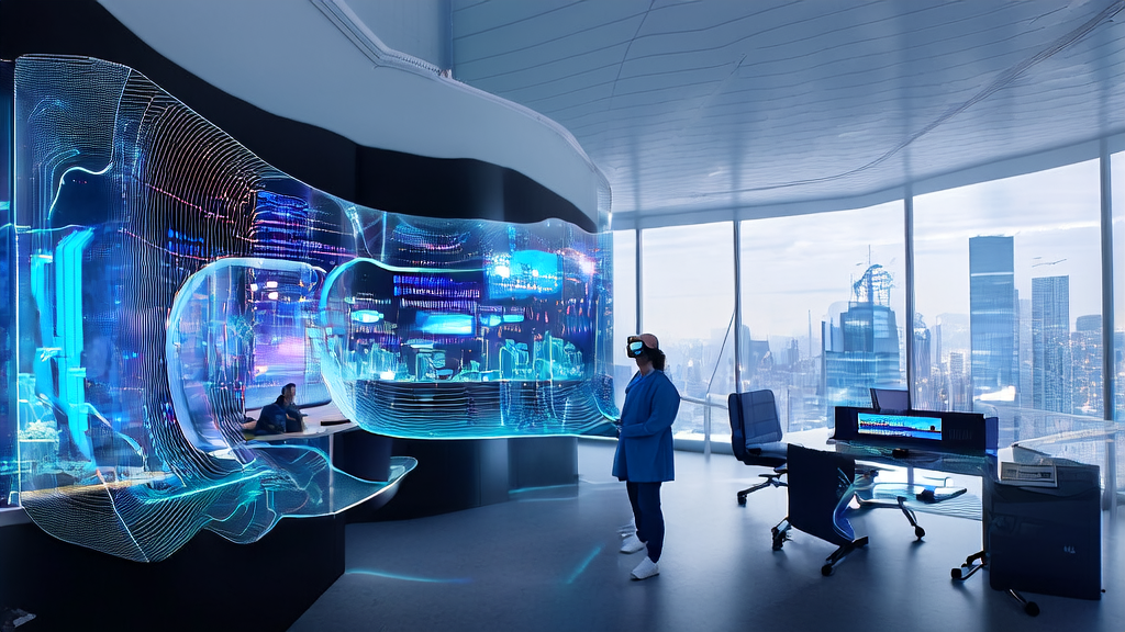 Futuristic office with technicians using AI tools for customer data analysis