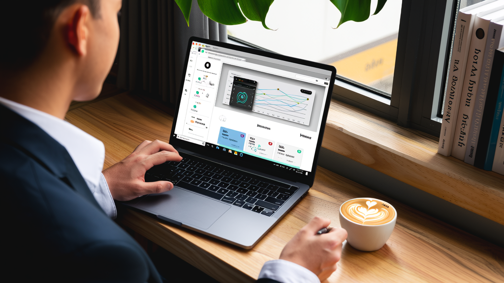 A young entrepreneur using the new AI-powered website builder from WordPress.com for marketing analysis in an office setting