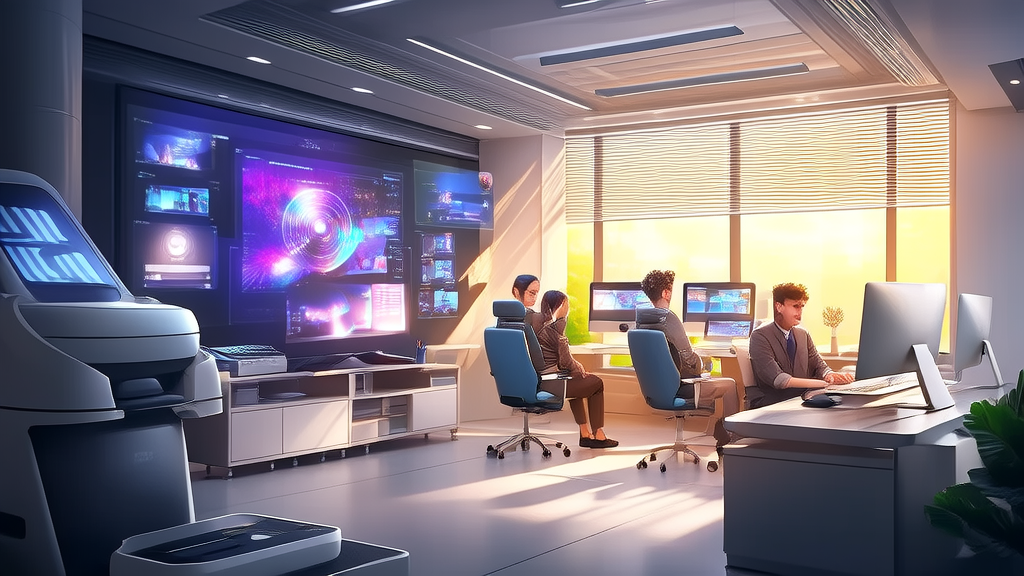 Marketing team using AI technology to generate video content in a futuristic office