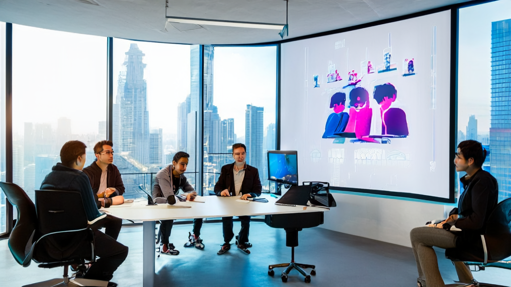 几位创业者在现代化办公室中讨论AI营销策略，使用Poify生成的商品图像展示在大屏幕上