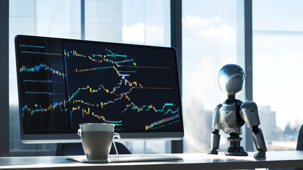 A modern office scene showcasing AI marketing innovation with technology and data applications