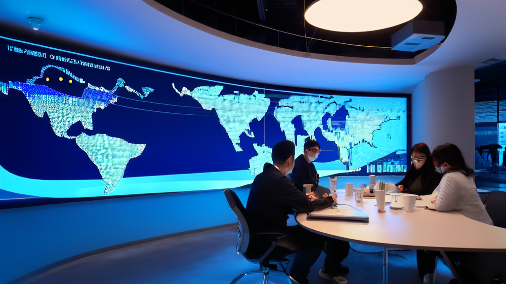 A team in a futuristic office is using AI technology to optimize email marketing strategies and enhance market competitiveness