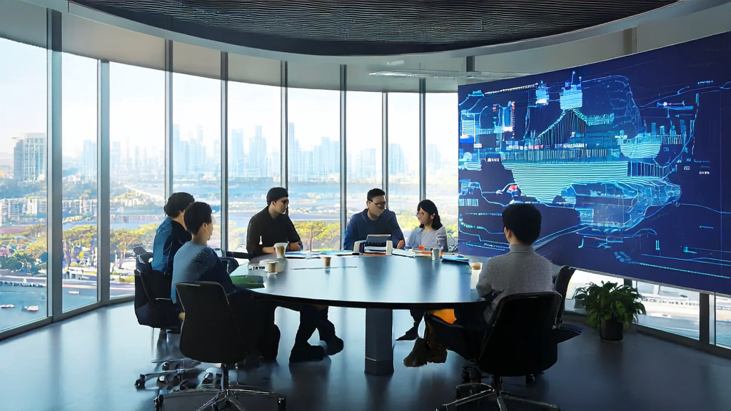 现代化办公室内员工使用AI预测模型和百度“绘想”平台进行客户数据分析与视频内容创作
