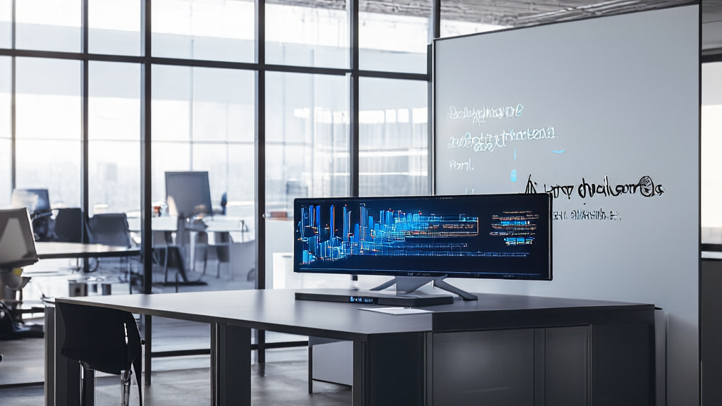 A modern office scene showcasing AI marketing work, featuring AI algorithms and customer data cleaning interfaces