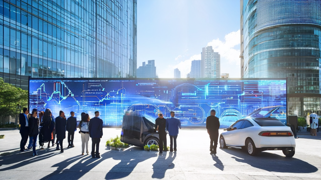 A modern office building under the sunshine, people discussing AI customer acquisition system with the bustling city skyline in the background.